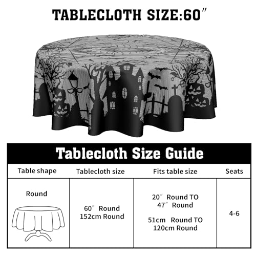 Kawani Spooky Halloween Round Tablecloth 60 Inch Black Gray