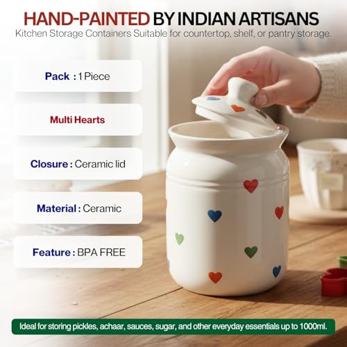 Image of Multi Heart Printed Ceramic Handglazed Pickle Jars Set of 1-1000 ML Each | 1 kg Achaar Martban Barni Jar with Lid | Ceramic Storage Jar Container Pickle, Chatney