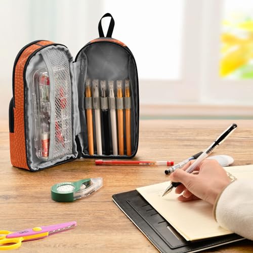 Image of ZAZYXTJ Basketball Texture Standing Large Capacity Pencil Case 3 Compartment Pen Pouch Storage Canvas Makeup Bag for School Office Teen Girl Boy Men Women