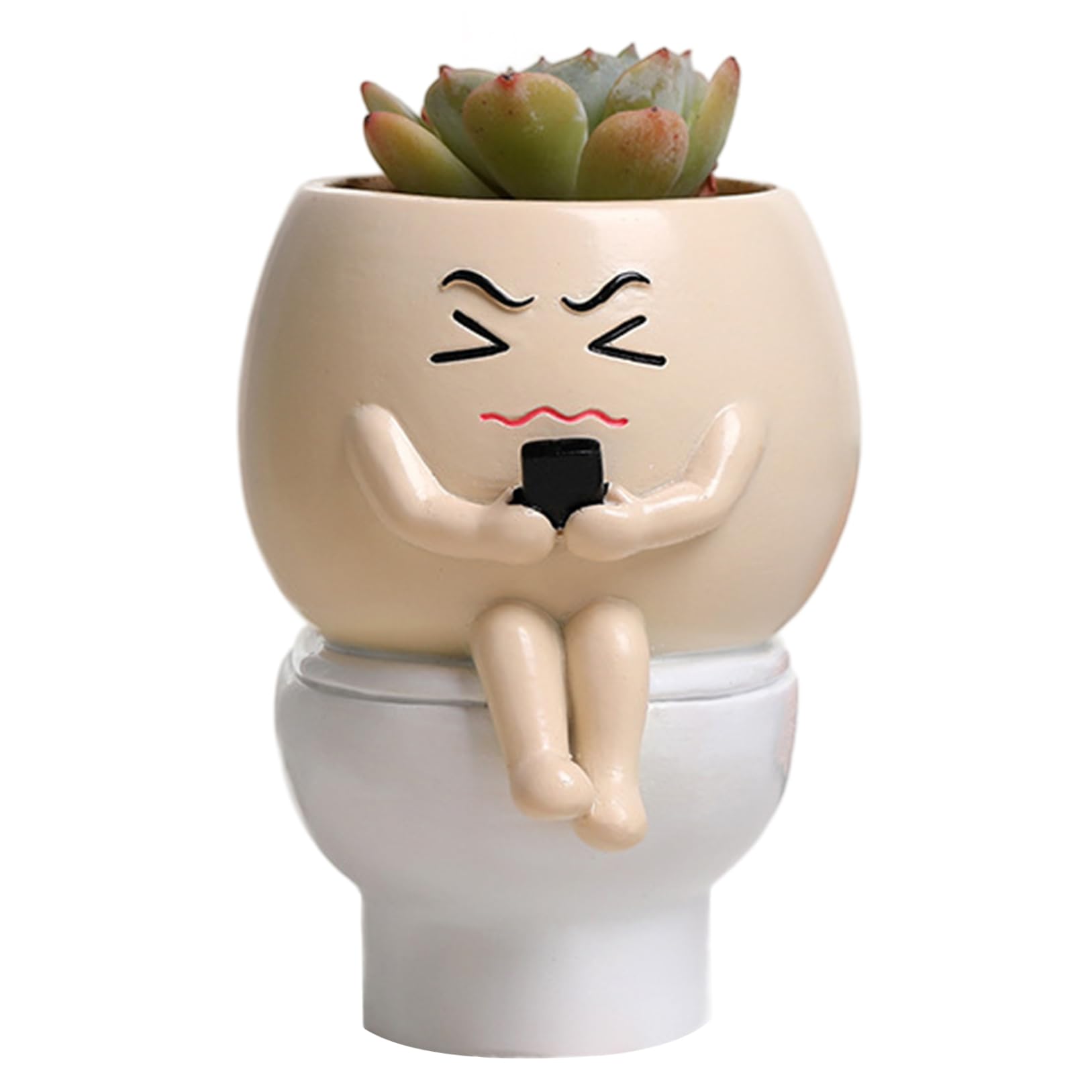 Ginwrek Head Planter Funny Plant Pots 3.5x4x5 Frowning Face Planter Sitting on Toilet & Holding Cellphone in Hand DIY Friendly Unique & Crative Head for Succulent