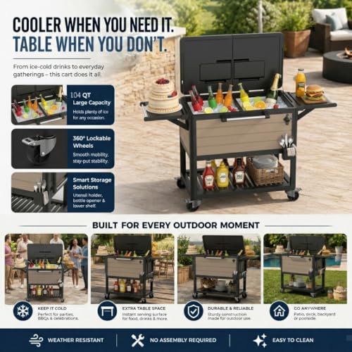 Image of 104 QT Patio Cooler Cart with Wheels, Outdoor Rolling Ice Chest Cooler for Patio, Pool, Deck & Backyard, Portable Beverage Bar Cart with Double Lid, Foldable Side Tables, Bottle Opener & Storage Shelf