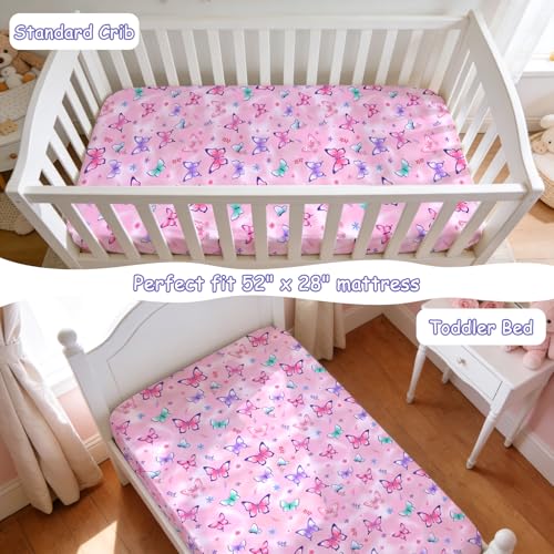 Image of JISEN Baby Crib Sheets Soft Breathable Butterfly Fitted Crib Sheets for Standard Crib and Toddler Mattress Baby Bed Sheets for Boys Girls Neutral 52x28 Inch Pink