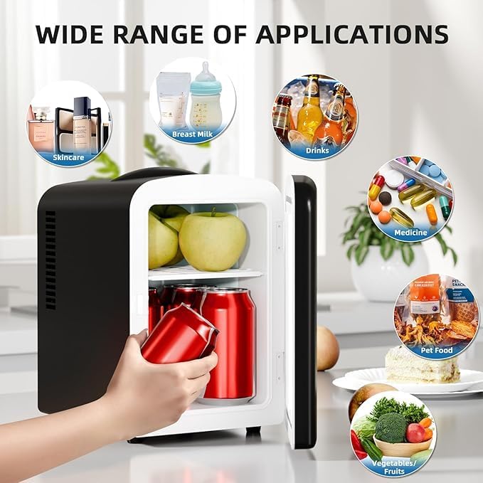 Compact Refrigerator, Portable Mini Fridge, Skin Care 4L/6 Cans, for Bedroom, Car, Office & Dorm, Small Cooler for Cosmetics, Beverage and Food, Black