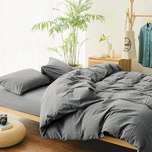 Image of EMME Grey Duvet Cover Twin Size 2-Piece Set Soft Cotton Bedding Collection Twin XL Comforter Cover with Pillow Sham Solid Color Button Closure & Corner Ties (Dark Grey, Twin /Twin XL)
