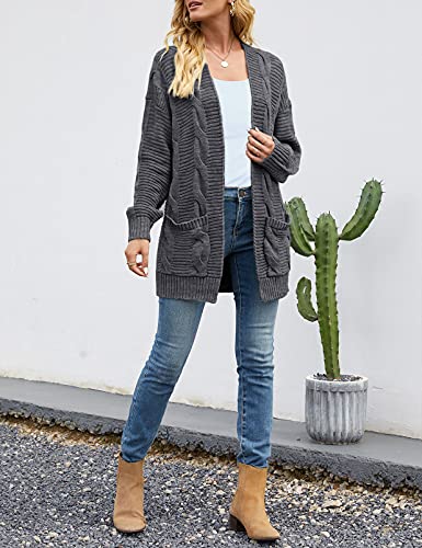 Syzri Women's Cable Knit Open Front Cardigan Long Sleeve Chunky Sweaters Outwear With Pockets, Charcoal, Medium #TOP4