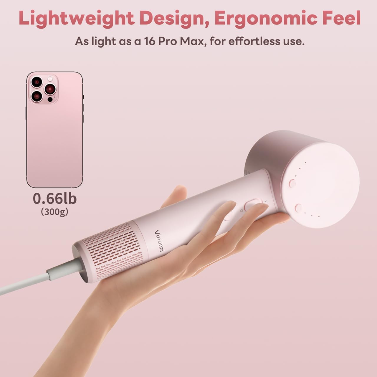 Hair Dryer, High-Speed Ionic Low Noise Blow Dryer with Brushless Motor for Fast Drying, Thermo-Control Quiet Compact Pink Hair Blow Dryers with Magnetic Diffuser for Curly Hair for Home Travel Salon - Image 7