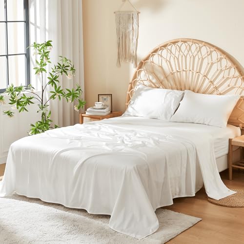 DOZ 100% Long Staple Cotton Sheet Sets, Soft Sateen Weave Cotton, Smooth, Breathable, Cooling Sheets, Hotel Comfort, Durable, 4pc – 2 Pillowcases 1 Fitted 1 Flat (Snow, Full)