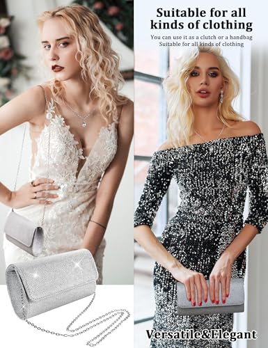 Subiceto 4Pcs Silver Clutch Purse Jewelry Set for Women Evening Rhinestone Purse Crystal Necklace Earrings Bracelets Set Silver Accessories for Women Bride Wedding Jewelry4