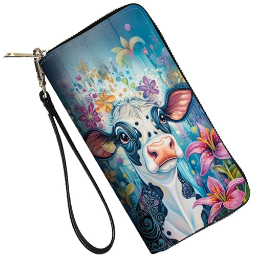 Image of RFID Blocking Leather Wallet for Women - Large Capacity Zip Around Clutch with 8 Card Slots,7 Cash Pockets & Coin Zipper,Watercolor Cow