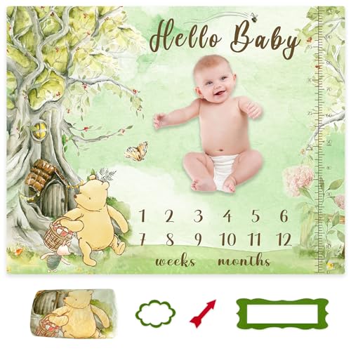 Image of Classic Winnie Baby Monthly Milestone Blanket Growth Chart Design Soft Photography Background Photo Backdrop for Baby Girl Boy Nursery Decor 47x40 Inches
