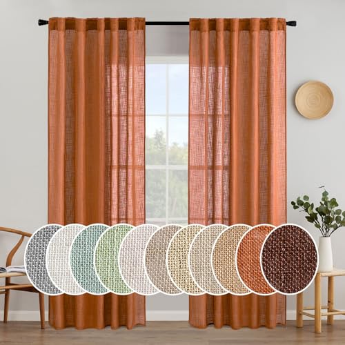 MIULEE Orange Curtains 84 Inch Length 2 Panels for Bedroom Living Room, Soft Thick Linen Textured Window Drapes Semi Sheer Light Filtering Back Tab Rod Pocket Burlap Look Fall Boho Decor