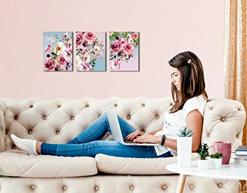 Flower Canvas Wall Art For Bedroom Woman Wall Decor Pink White Flowers Picture 3 Piece Framed Artwork Modern Plant Floral Canvas Prints For Kitchen Home Bathroom Girls Room Wall Decoration 12"X16" #TOP2