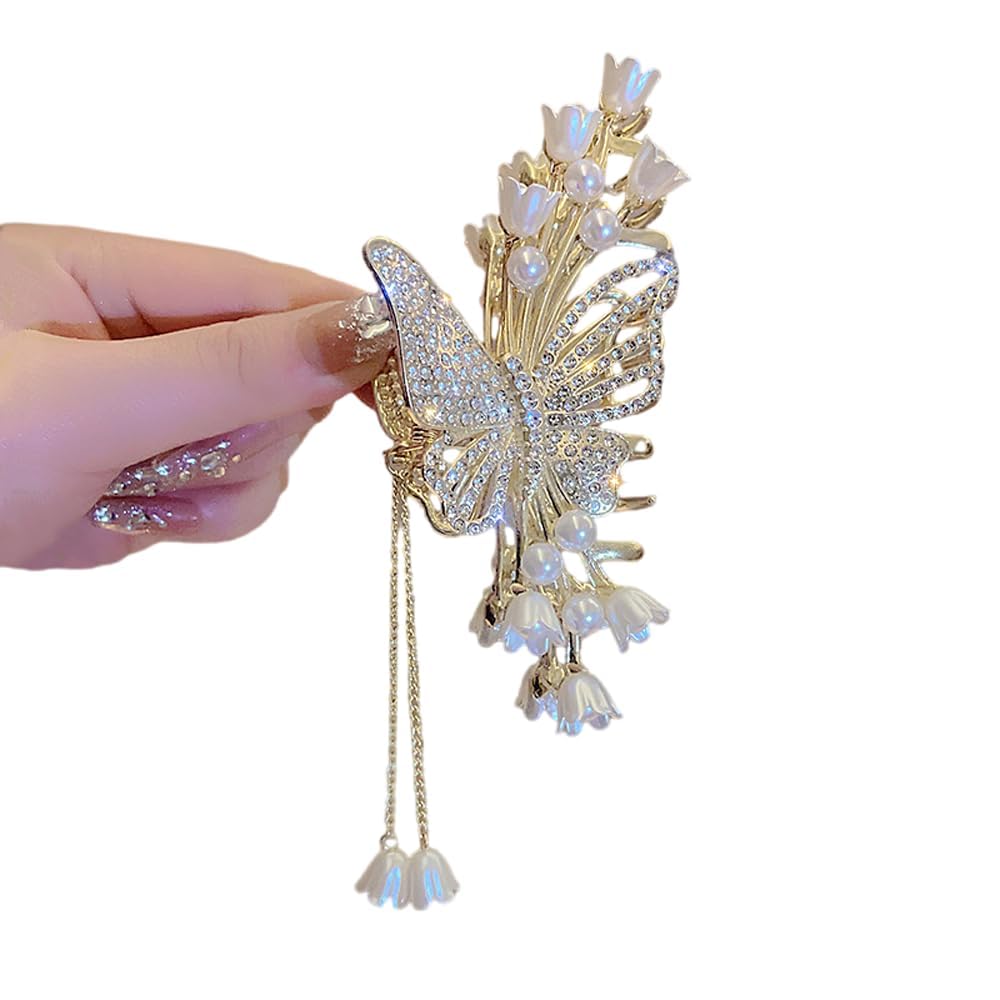 Korean Style Stone Studded Butterfly Hair Claw Clip Metal Clutcher Claw Clamps Wedding Hair Accessories For Women & Girls (Pack Of 1) (Gold)-picture-10