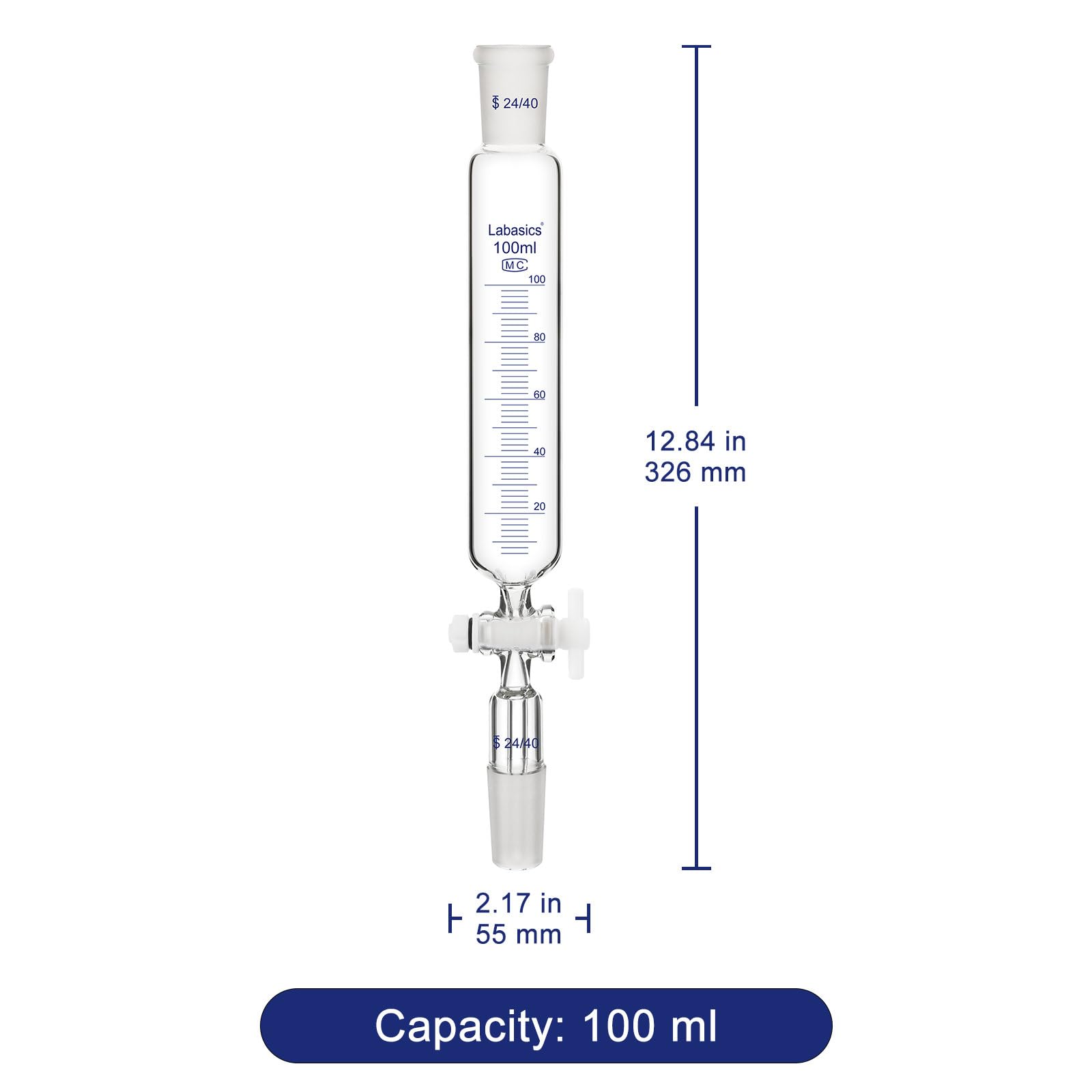 Labasics Embudo de adición, Embudo de Goteo Graduado de Vidrio Borosilicato con Junta Estándar 24/40 y Llave de PTFE para Laboratorio, 100 ml