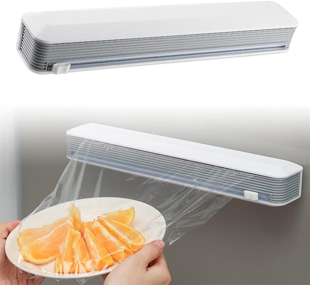 Manual DIY Home Kitchen Plastic Wrap Cutter Cling Film Dispenser with Suction Cup Magnetic Foil Divider (White Fruit Peach5)