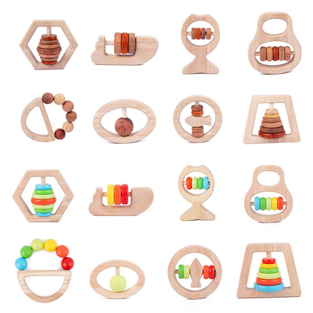 Holz-Babyrassel-Set, Montessori-Sinnes-Zahnungsspielzeug, Handgriff-Rasseln für Säuglinge