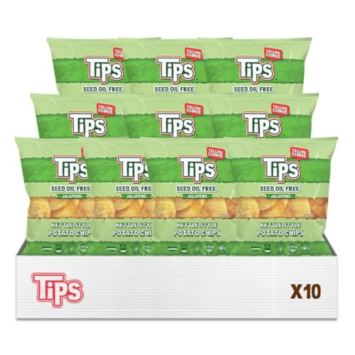 Image of TIPS Potato Chips - Jalapeno | Tallow Cooked - Seed Oil Free & Gluten Free - Kettle Style Potato Chips Made with Potatoes, Beef Tallow, Sea Salt, Jalapeno Pepper, White Distilled Vinegar & Garlic - 10 Pack, 1.75 Ounce Each