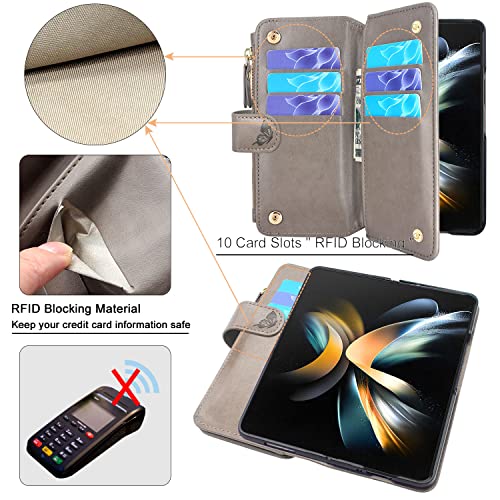 Lacass [Cards Theft Scan Protection 10 Card Slots Zipper Pocket Wallet Case Flip Leather Phone Case Cover For Samsung Galaxy Z Fold 4 / Z Fold4 5G (2022)(Gray) #TOP1