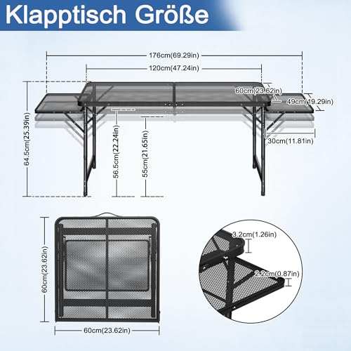 Table de camping pliable stable pour sol irrégulier avec plateau maille métallique