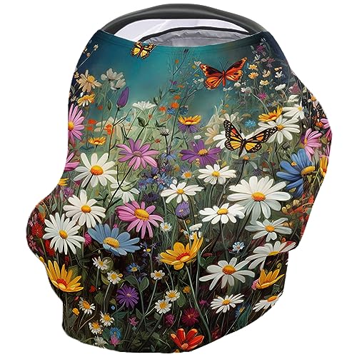 Nursing Cover for Breastfeeding Scarf, Daisy Colorful Flower Baby Car Covers Super Soft Multi Use for Canopy Shopping Cart Cover Blanket Stroller Cover