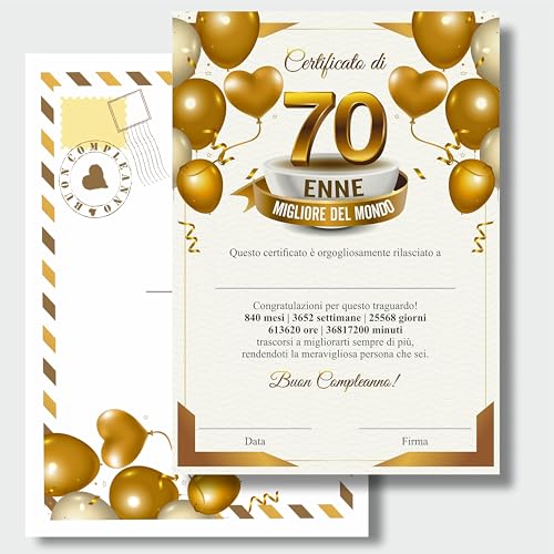 GHIBLI Certificato 70 Enne Migliore del Mondo con Busta, Elegante Diploma Personalizzabile 70° Compleanno, Biglietto Auguri Originale Uomo Donna, Attestato Ricordo 70 Anni, Regalo Made In Italy