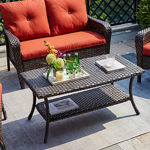 HUMMUH Wicker Patio Coffee Table,Rattan Outdoor Coffee Table with 2Layer Storage Furniture