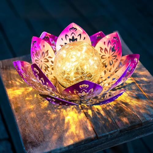 Huaxu Solar Lights Outdoor Decorative-Bright Purple Lotus Flower Table Lamp,Glass Globe 30 LED...