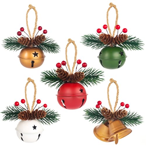 5 Pack Rustic Christmas Bell Ornaments with Pinecones & Berries - Metallic Hanging Decor for Christmas Tree Mantel Home (Green Gold Red White)