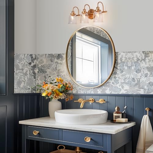 Image of KSANA Gold Bathroom Light Fixtures, Modern 3 Lights Vanity Light with Seeded Glass Shade Over Mirror for Powder Room, Bedroom and Dressing Area