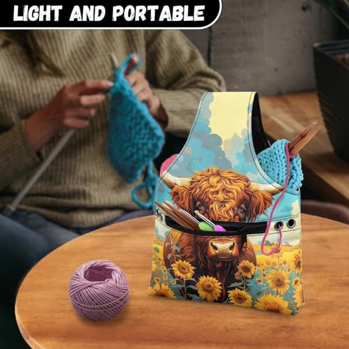 Image of Highland Cow Yarn Bag with Crochet Organziers and Storage Sunflower Knitting Wrist Bag Holding Knitting Needles,Small