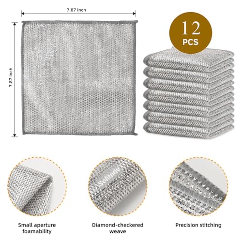 Image of Solitude 12 Pack Double Layer Non-Scratch Wire Dishcloth, Steel Scrubber for Utensils Cleaning, Multipurpose Wet and Dry Cleaning Cloth Stainless-Steel Dish Wash Rag for Washing Dishes, Kitchen, Sinks