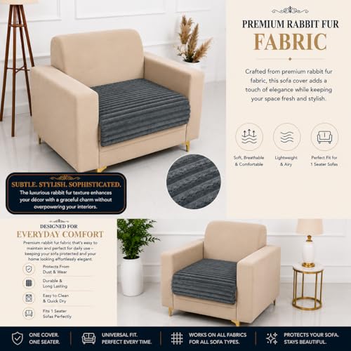 Image of Homerz Premium Rabbit Fur Sofa Cover with Anti-Skid Backing, Soft Plush Fabric Sofa Protector for Living Room Furniture (Grey, 1 Seater, Only Seat Cover)