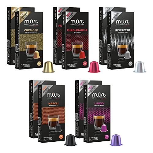 MUST 100 Cápsulas de Café en Aluminio 100% Reciclable Hasta el Infinito, Variety Pack Degustación 10 Paquete de 10 Cápsulas Compatibles con las Cápsulas de la Máquina Nespresso Made in Italy