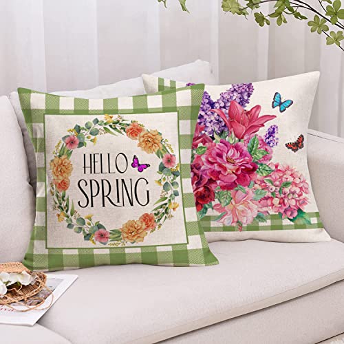 Xihomeli Spring Buffalo Check Plaid Throw Pillow Covers 20X20 Inch Set Of 4 Hello Spring Flowers Wreath Cushion Case Green Bike Butterfly Home Sweet Home Quotes Pillowcase (4Pc Spring, 20"X20") #TOP5