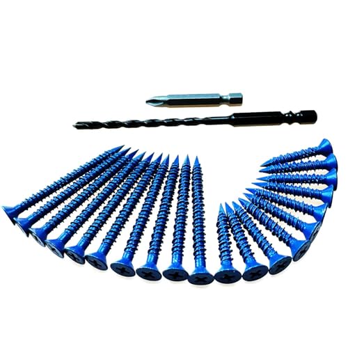 HXymxkeqi 20-Pack Blue Concrete Screws Kit with Drill Bit & Driver, 3/16-in x 1-1/4-in & 2-1/4-in Flat Head Masonry Screws for Brick, Block, Concrete (20, Blue, 3/16
