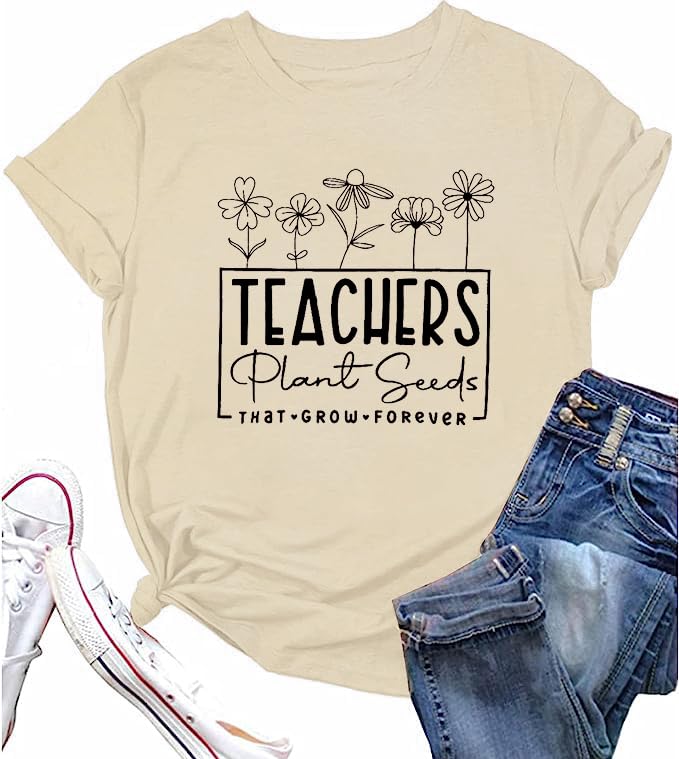 LUKYCILDTeacher Shirts Women Teachers Plant Seeds That Grow Forever T-Shirt Flower Teacher Graphic Tee Tops