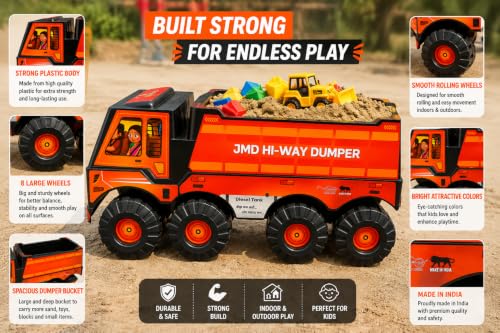 Image of Kids Ride On Dumper Truck Toy Orange for Age 2-8 Kids Ride On Dumper Truck Toy for Boys & Girls | Heavy Duty Plastic Hi-Way Dump Truck | Large Construction Vehicle Toy | Big Wheels | Age 2-8 Years |