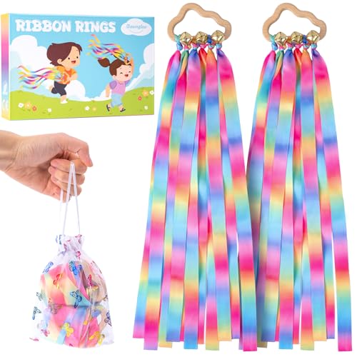 Dawnglow 2Pcs Ribbon Hand Kites, Dancing Ribbons, Rainbow Dancing Streamers with Wood Ring and Bells for Artistic Dance, Gymnastics, Entertainment, Decoration and Party