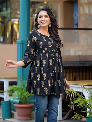 Image of Women's Black Printed Cotton Top | Round Neck, 3 /4 Sleeves & Flared Fit | Casual Wear