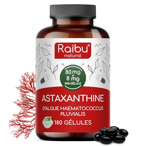 Astaxanthine Pure Végane - 80 mg (équivalent à 8 mg d’astaxanthine) de l’algue Haematococcus pluvialis - 180 Gélules : Cure de 6 mois - Concentration &...