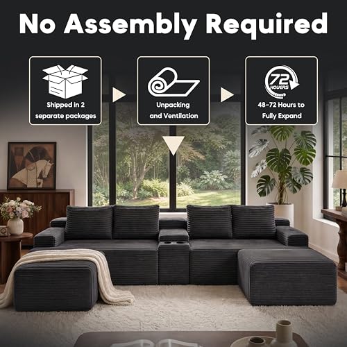 Image of 140 inch Modular Sectional Sofa Couch, Oversized U Shape Cloud Couch with 2 Ottomans, Storage and Cupholders, Corduroy Sofa Boneless Couches for Living Room, No Assembly Required, Dark Grey