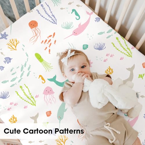 Image of Bimocosy Pack and Play Sheets Fitted 4 Pack, 38 x 26 Inch Pack n Play Mini Crib Sheets for Boys and Girls, Soft Stretchy Playard Mattress Sheets for Graco Pack n Play, Ocean World