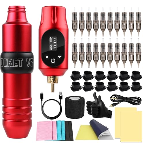 Tattoo Machine Kit Tattoo Gun Kit with 10Pcs Cartridge Needles for Beginners and Body Artists Rotary Tattoo Machine Pen Kit Complete Tattoo Supplies (Red)