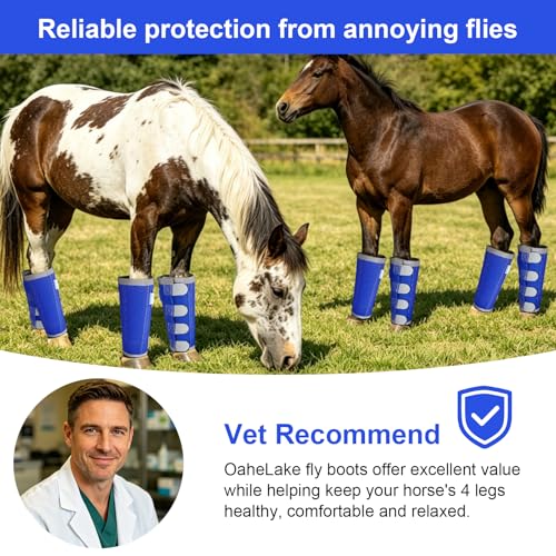 Image of Reflective Horse Fly Boots Set of 4, Loose Fitting Leggings for Horses, Equine Fly Leg Wraps Socks for 4 Legs, Breathable Adjustable and Universal Fit, Reliable Stay Put and on (Blue)