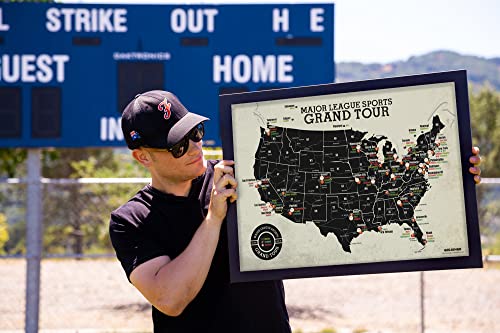 Grand Tour Stadium Map: Baseball + Hockey + Football Stadiums, Framed Push Pin Map - Includes 100 Mixed Colored Map Pins #TOP1