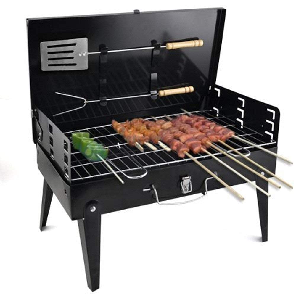 Inditradition Combo Pack Briefcase Charcoal Barbeque Grill With 12 Skewers, Fork, Tong, Oil Brush & Spatula (Metal, Black), Free Standing 1