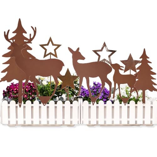 9 Stück Gartenstecker Weihnachten Hirsch Deko 2er Set Deko Rehe und Hirsche mit 2 Tannen und 4 Stern Roststecker Weihnachten, Gartenstecker Rost Metall Wetterfest, Gartendeko Rost Deko Baumstecker
