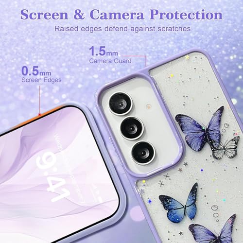 Image of VONZEE for Samsung Galaxy S24 FE Clear Glitter Butterfly Case, Cute Bling Sparkle Shiny Soft Silicone TPU Bumper Shockproof Women Girls Slim Protective Phone Cover for Galaxy S24 FE, Purple
