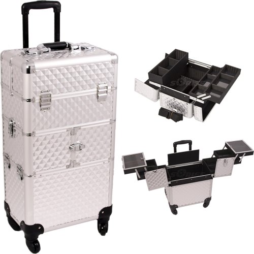 29.75 inch Professional Cosmetics Studio Silver Diamond Pattern Aluminum 360 Degree Rotating Wheels Travel Makeup Train Case Trolley w/ 3 Easy Slide Trays + 6 Accordion Trays