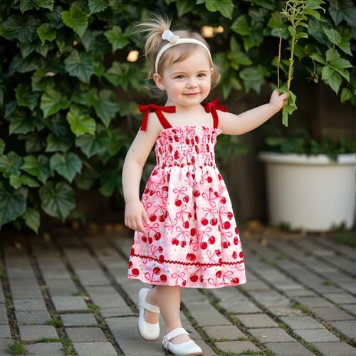 Kids Toddler Baby Girl Summer Outfit Cherry Smocked Dress Spaghetti Strap Sleeveless Floral Bow A-line Dress Clothes2